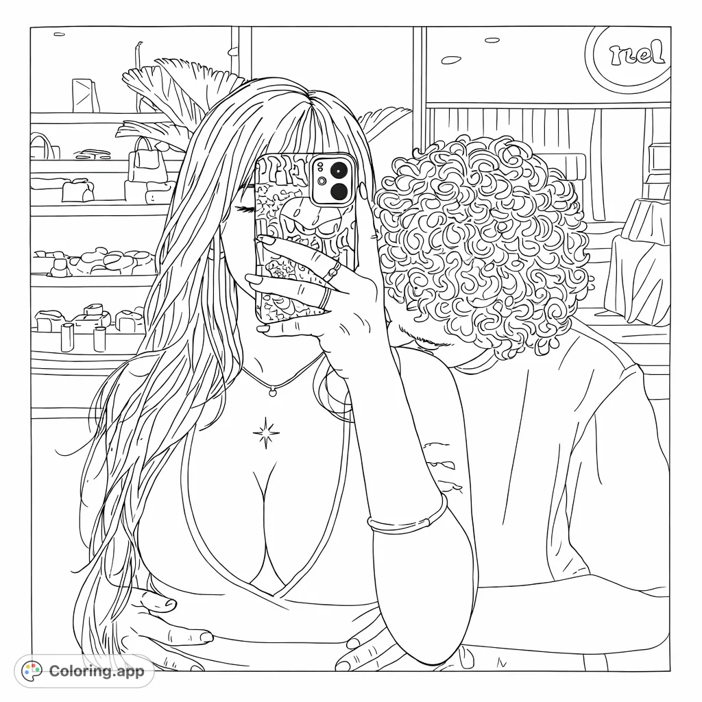 Capture a cozy selfie moment with a person holding a patterned phone, embraced by another. Detail modern reflections and intricate accessories.