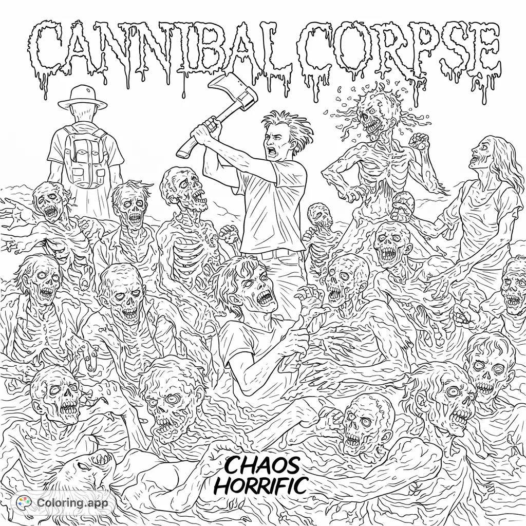 Experience a chaotic horror scene with grotesque undead figures, desperate survivors, and visceral details. A challenging and intense coloring page for adults.