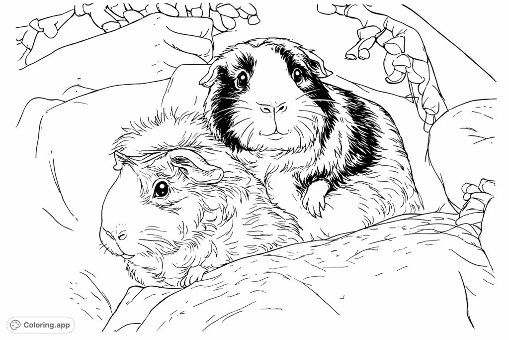 Snuggle up with this adorable guinea pig coloring page! Features two charming guinea pigs, one resting on the other, on a soft surface.