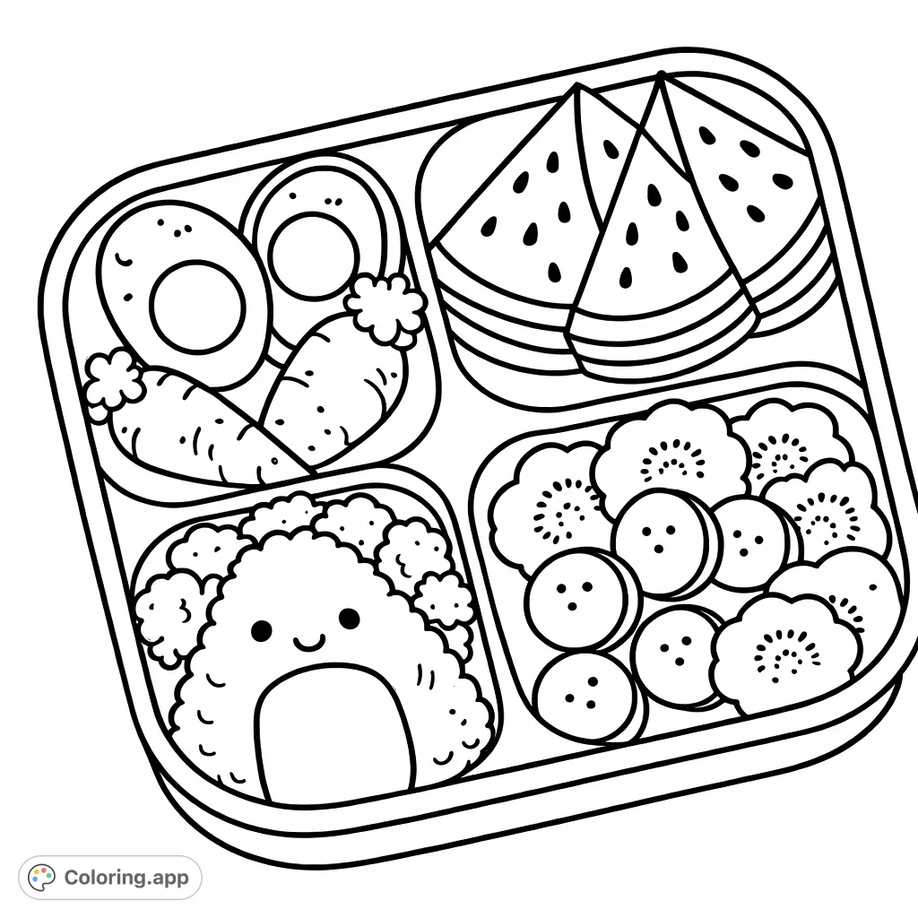 A delightful bento box coloring page featuring a smiling rice ball, fresh fruit, and healthy vegetables. A fun and adorable food scene!