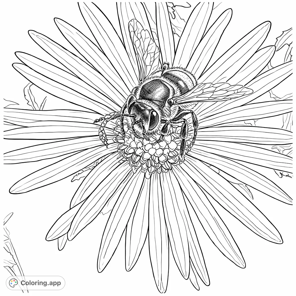 A detailed coloring page featuring a realistic fuzzy bee diligently collecting nectar from a vibrant aster blossom, perfect for nature enthusiasts.