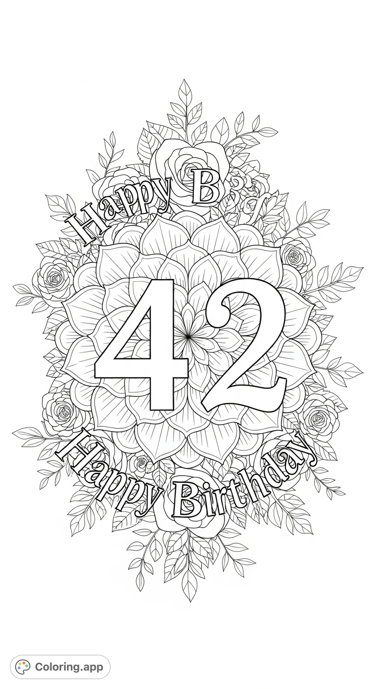 Celebrate a special 42nd birthday with this intricate floral mandala coloring page. Features 'Happy Birthday 42' within beautiful rose patterns.