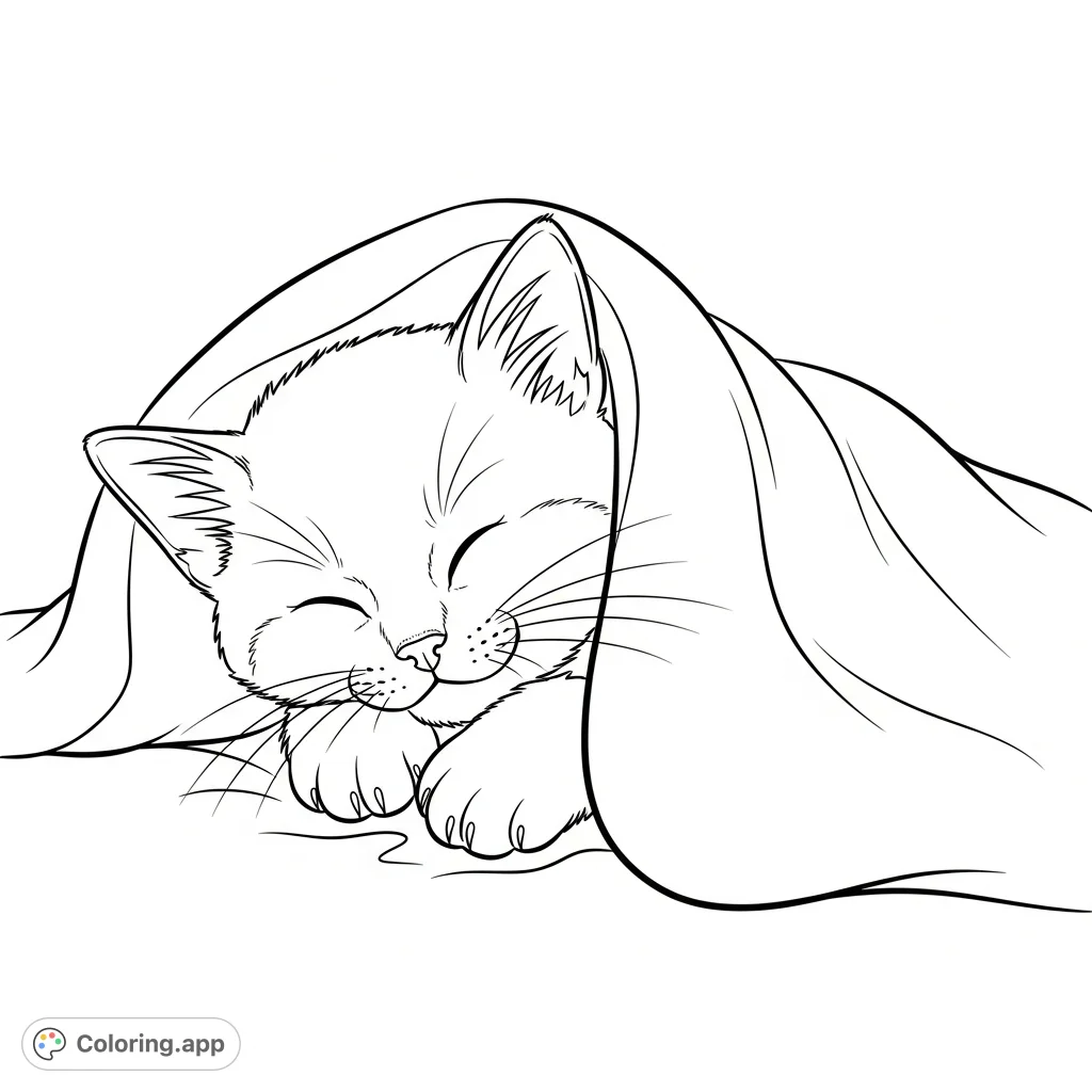 An adorable kitten sleeps soundly, nestled in the soft folds of a cozy blanket. Perfect for a relaxing and heartwarming coloring experience.