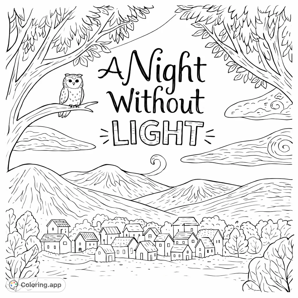 Explore a charming night village scene with an owl, cozy houses, and rolling hills under a cloud-filled sky. A delightful, imaginative landscape to bring to life.