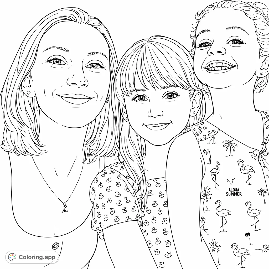 A heartwarming close-up portrait of a mother and her two daughters, all smiling happily. This free printable family coloring page is perfect for all ages.