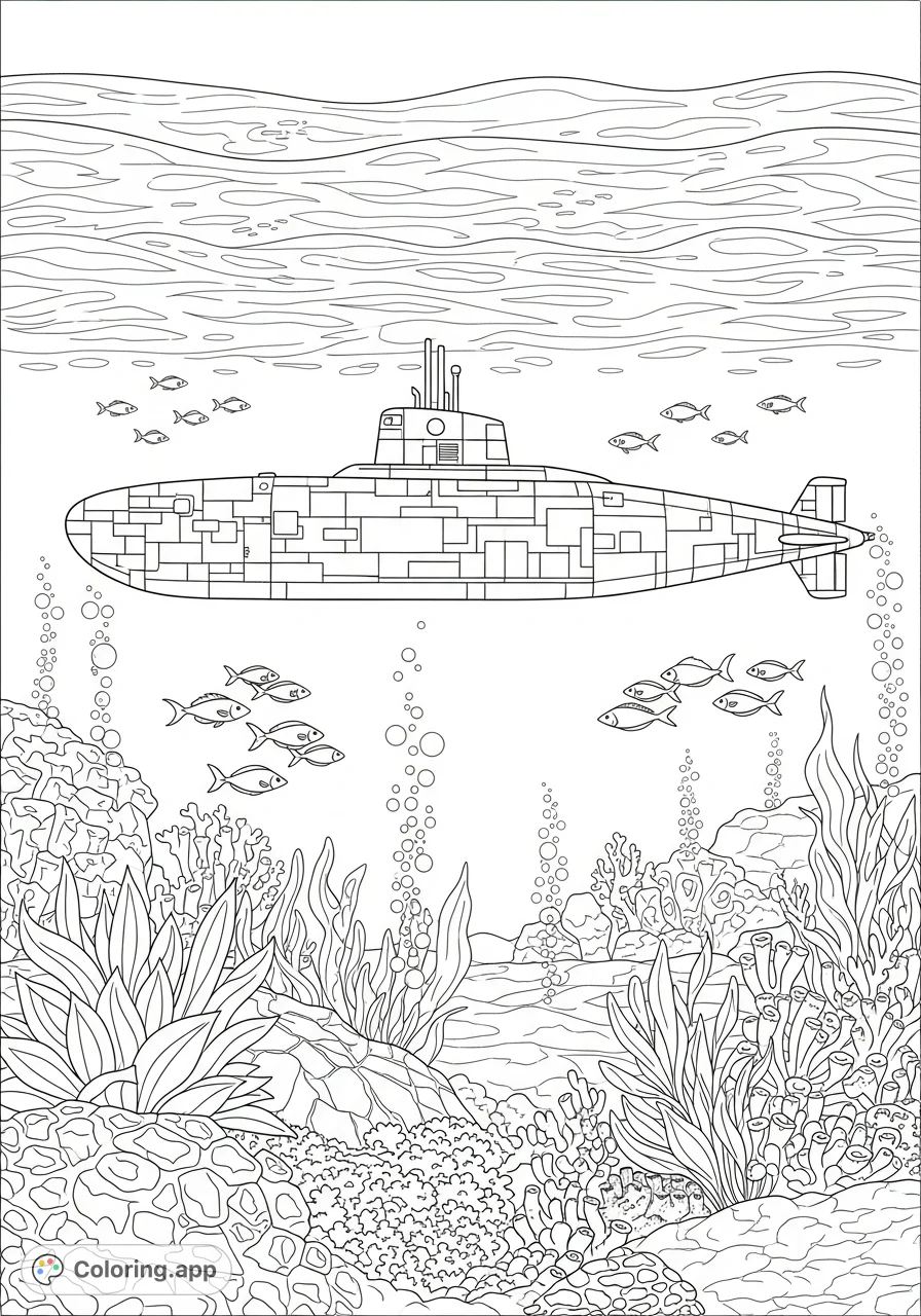 Explore the depths with this detailed submarine coloring page, featuring a vessel on patrol amidst ocean waves, swimming fish, and intricate sea plants.