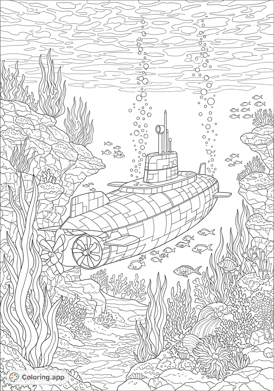 Explore the deep sea with a detailed submarine on patrol, navigating through captivating underwater formations, fish schools, and abundant ocean flora.