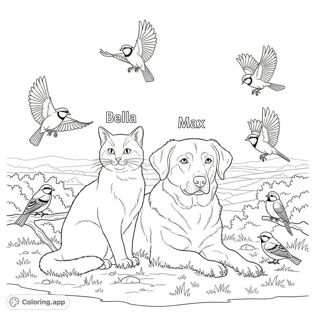 A heartwarming scene featuring Bella the cat, Max the dog, and a flock of birds expressing their gratitude, perfect for a peaceful coloring session.