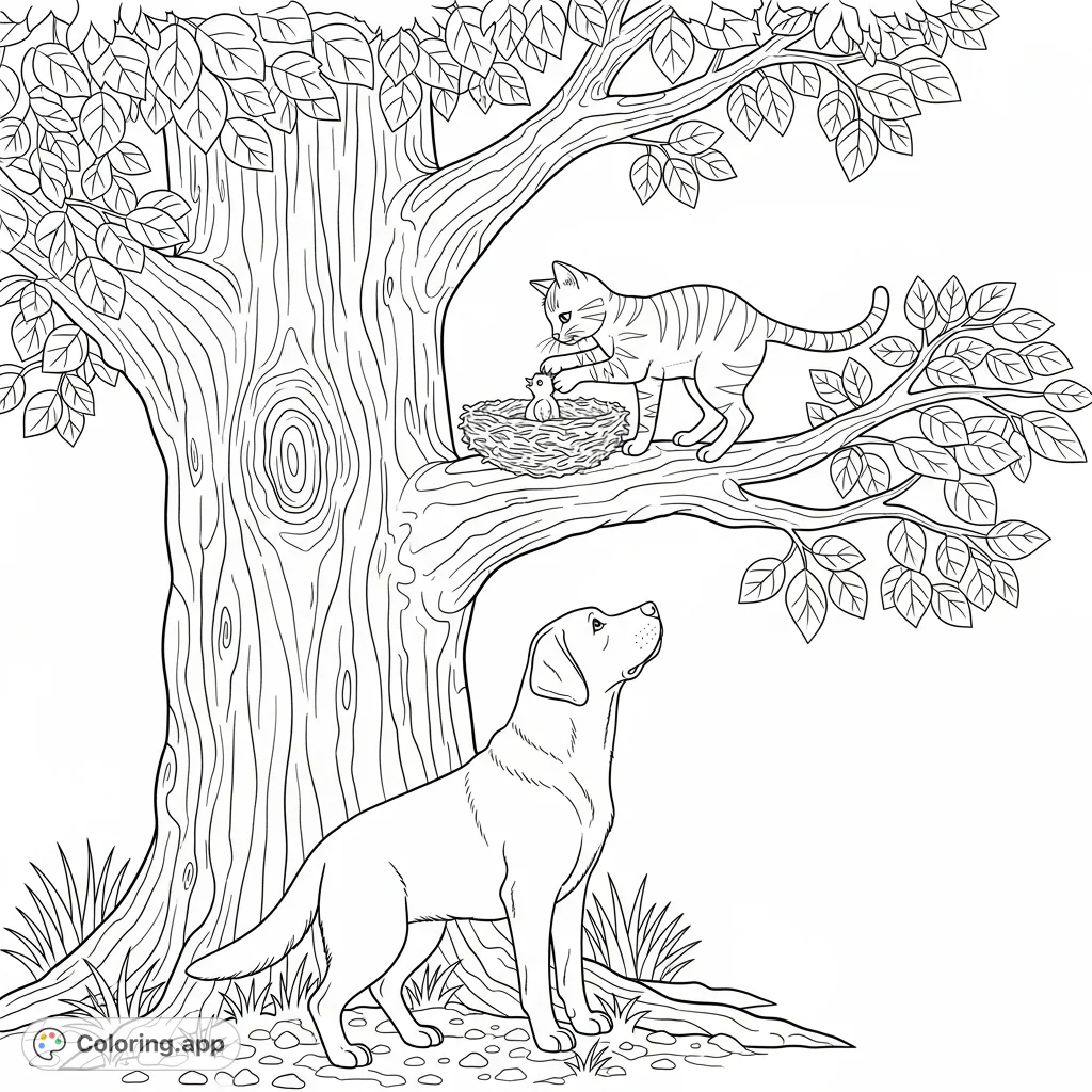 A heartwarming free printable coloring page featuring Max the dog watching Bella the cat gently return a baby bird to its nest in a lush tree. Perfect for animal lovers!