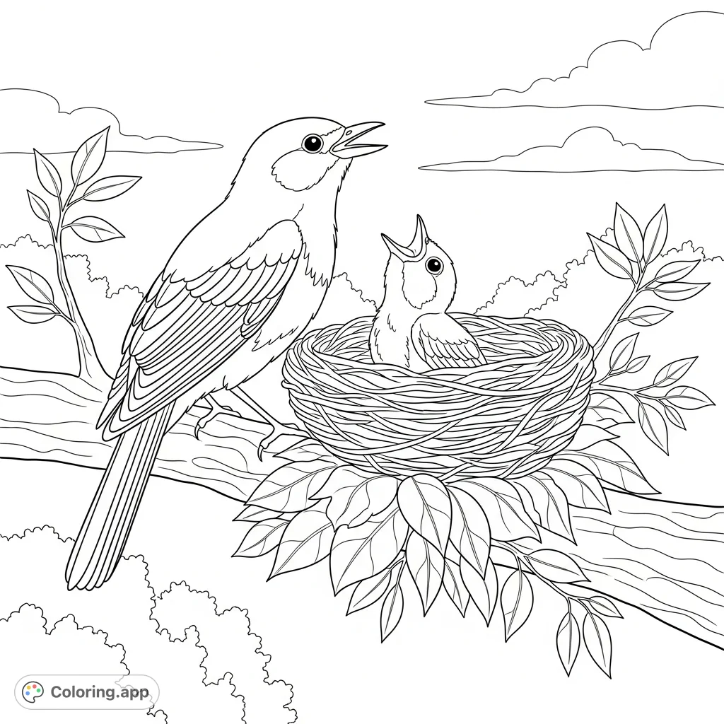 A charming bird family coloring page featuring a mother bird singing to her chirping baby in a nest, surrounded by lush foliage.