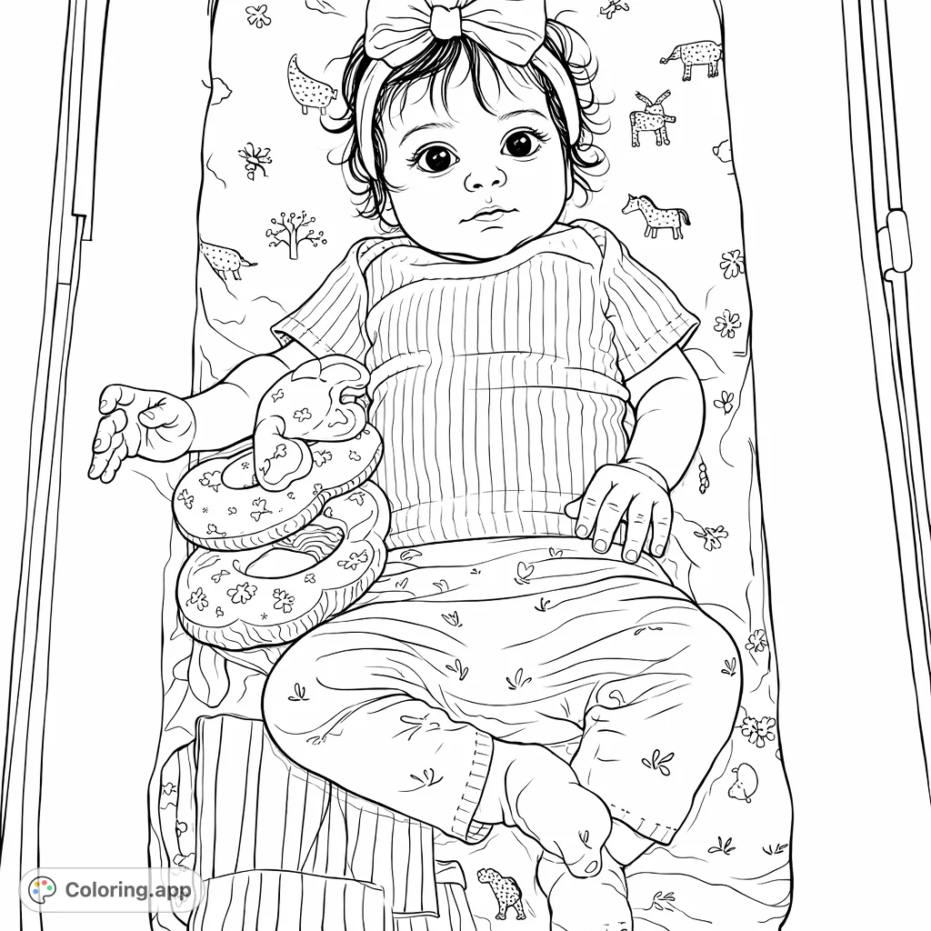 Capture a heartwarming moment with this sweet baby coloring page. Features an infant resting in a bassinet with a soft toy, perfect for gentle, creative coloring.