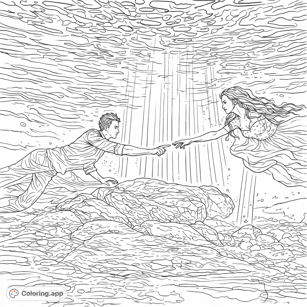 Two figures reach out underwater, illuminated by light rays, amidst flowing garments and submerged rocks. A mystical aquatic connection.