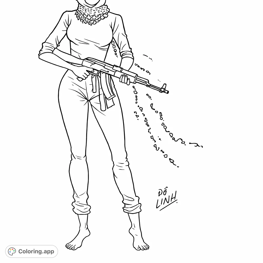 A striking coloring page featuring a person in tactical attire, holding a rifle. Perfect for those who appreciate dynamic figures and detailed equipment.