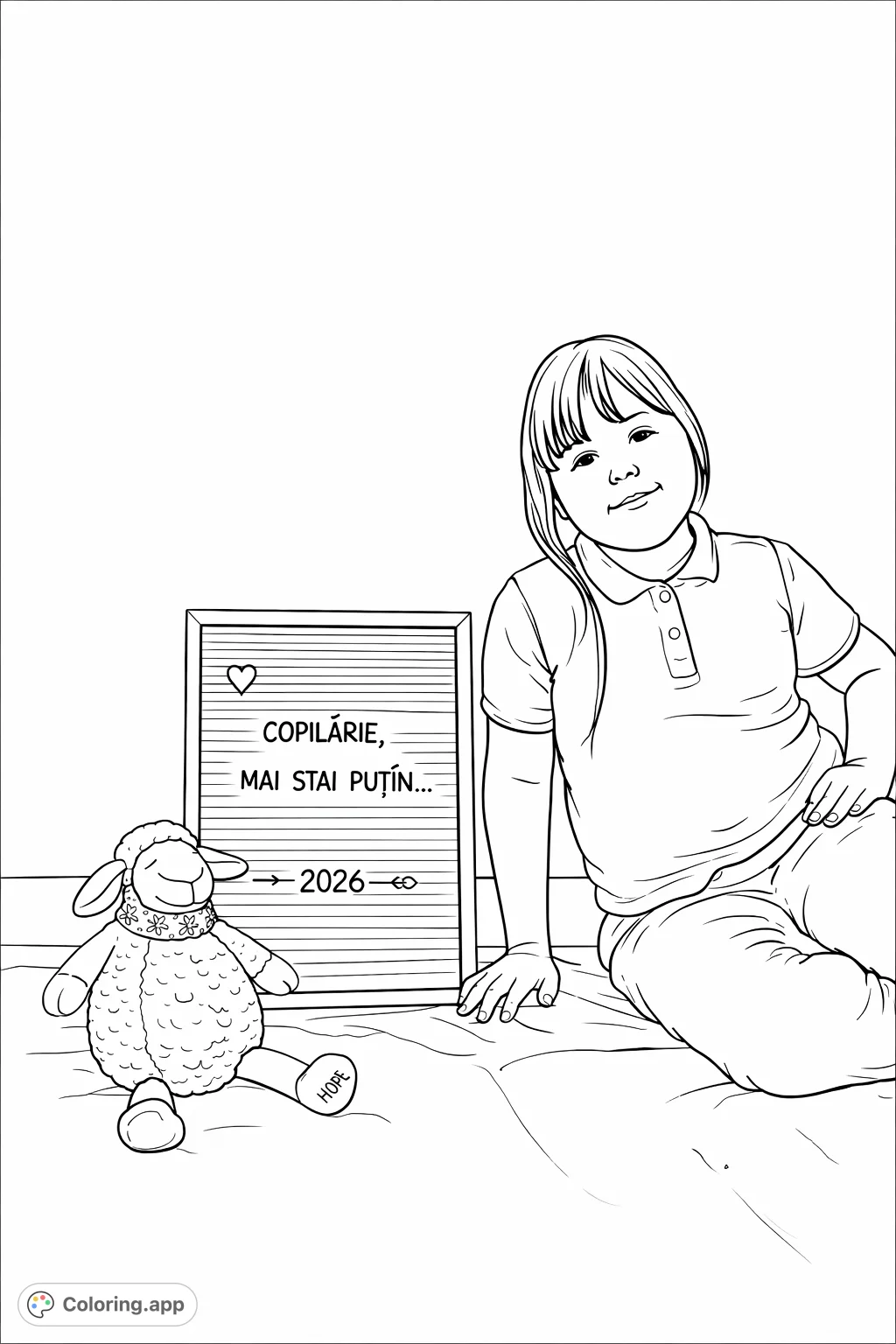 A charming scene featuring a young girl seated next to a plush sheep toy and a letter board. A delightful moment for creative coloring.