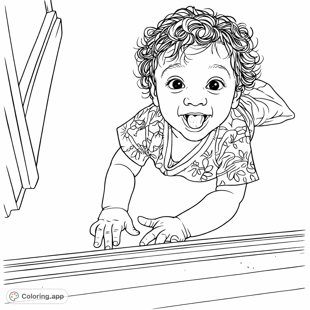 A heartwarming baby coloring page featuring an expressive infant with wide eyes and a playful tongue, ready for vibrant customization.
