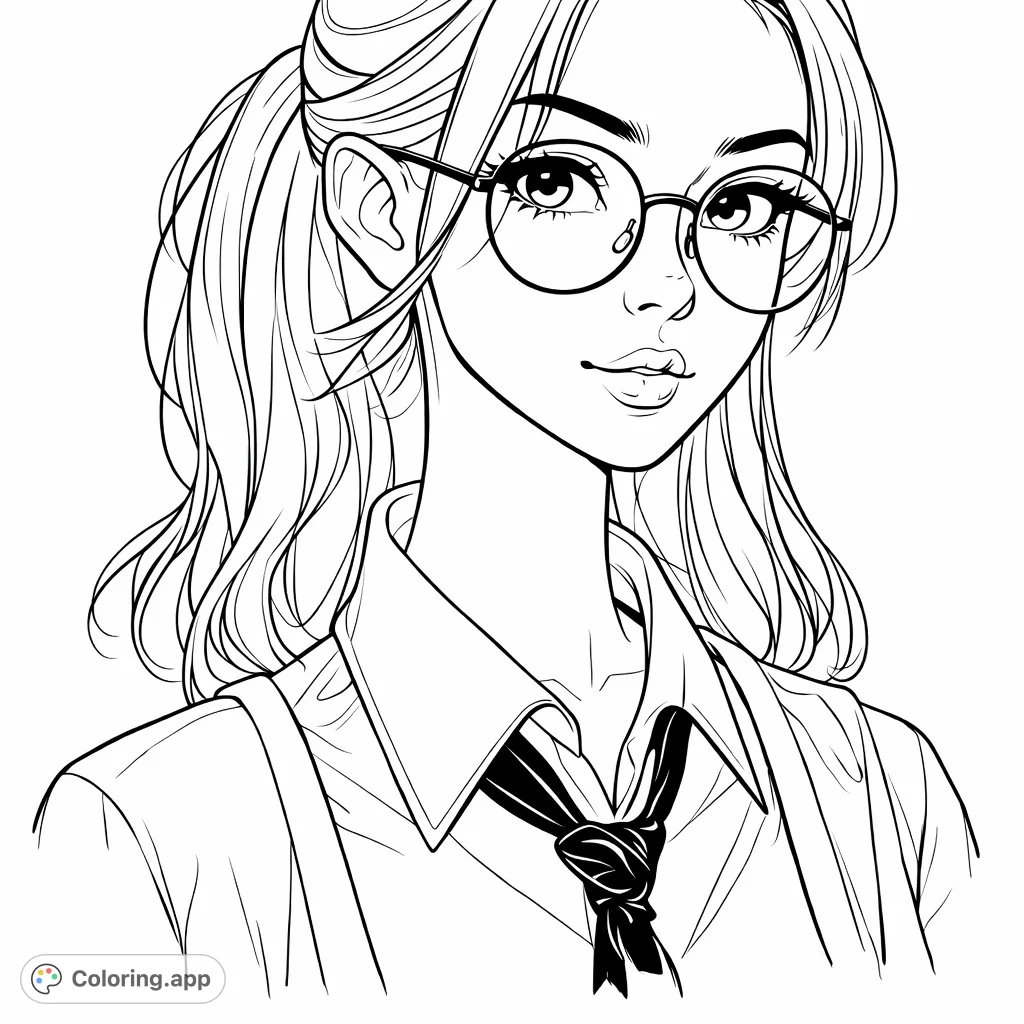 Color a sophisticated portrait of a young woman wearing glasses, a collared shirt, and a tie. Perfect for fans of stylish characters.