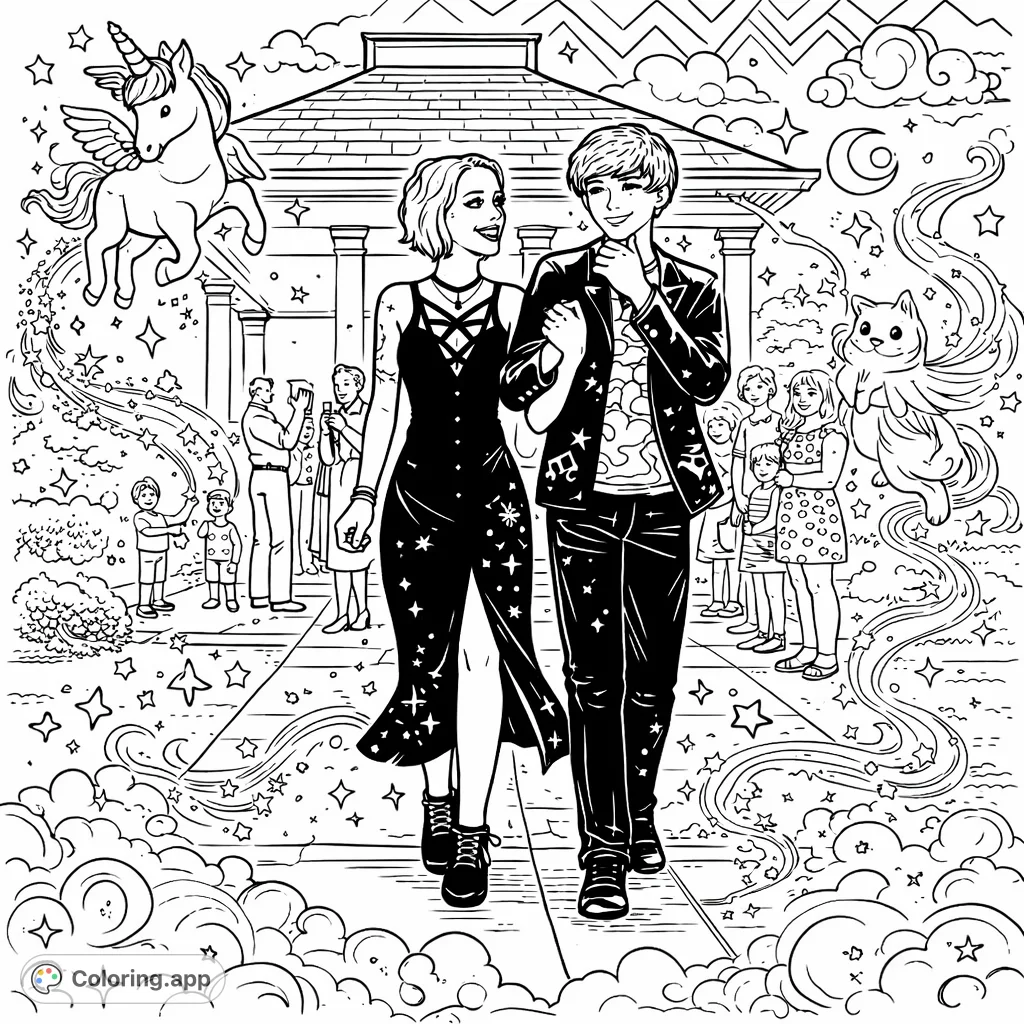 Embark on a magical journey! This fantasy procession coloring page features a joyful couple, enchanted gazebo, and celestial details.