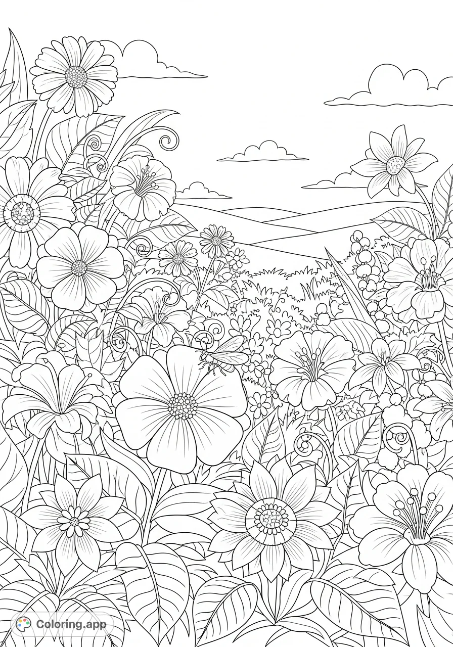 Explore a beautiful flower nature coloring page, featuring diverse blossoms and intricate foliage. Perfect for all ages to enjoy a calming, creative activity.
