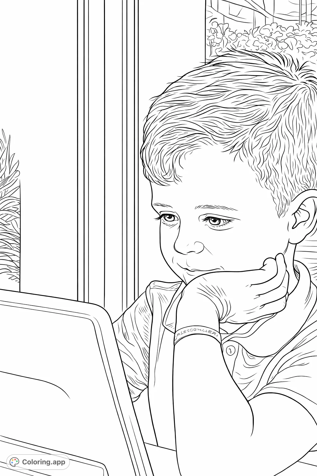 A young boy is deeply engrossed in his tablet, resting his chin on his hand. Perfect for kids who love screens or a quiet moment.