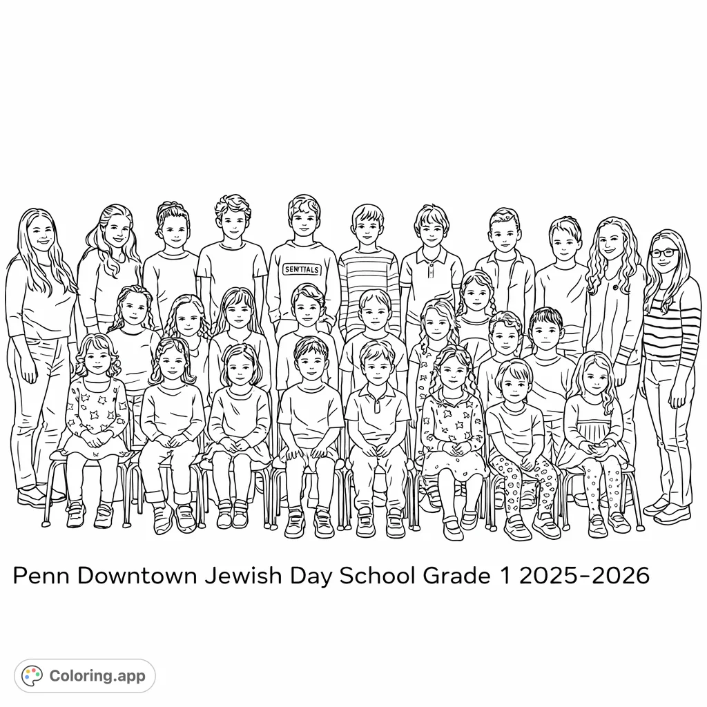 A vibrant group photo featuring a class of young students and their teachers, offering diverse characters and patterns to color.