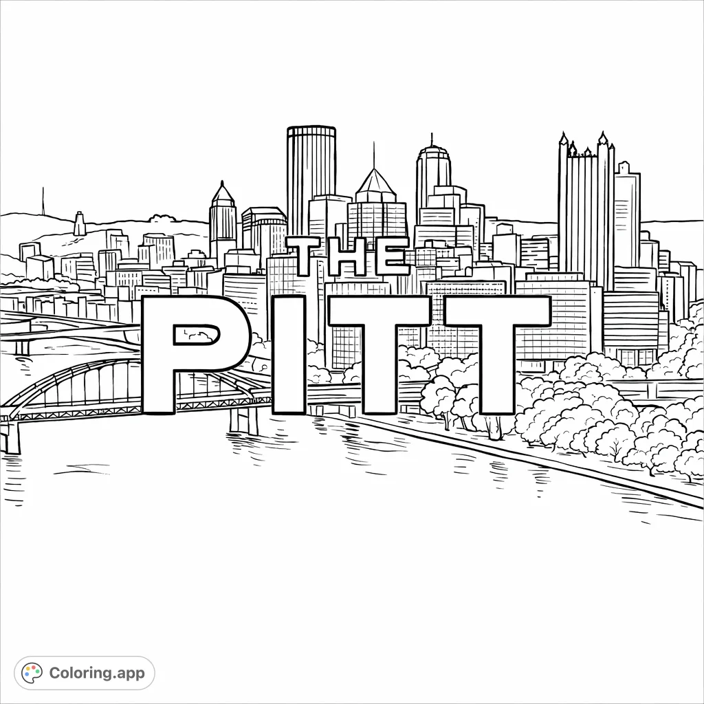 Capture the essence of a vibrant Pittsburgh cityscape, showcasing iconic buildings, a grand bridge spanning the river, and the prominent 'THE PITT' text. A detailed urban scene.