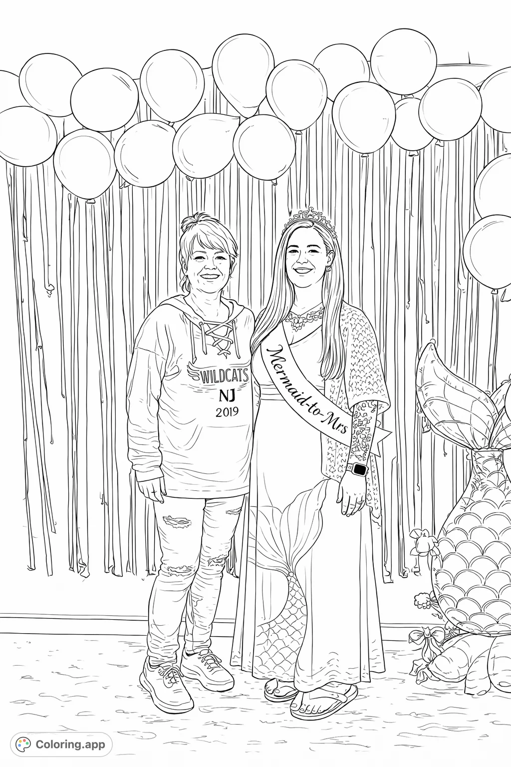 Celebrate a special occasion with this mermaid-themed coloring page, featuring two women, festive balloons, and a dazzling mermaid gown.