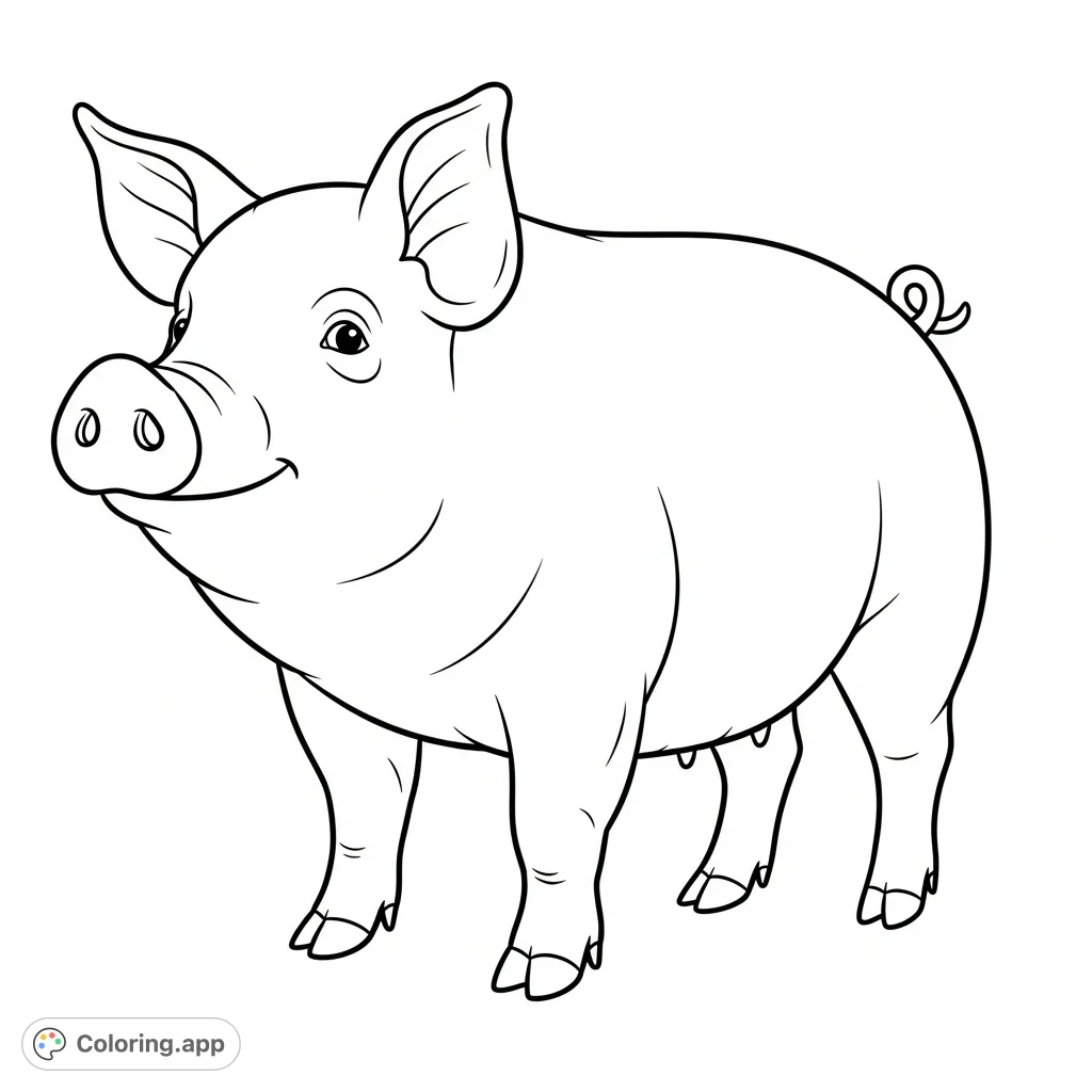 Color a charming farm pig with floppy ears and a curly tail, perfect for a relaxing creative activity. A delightful addition to any animal coloring page collection.