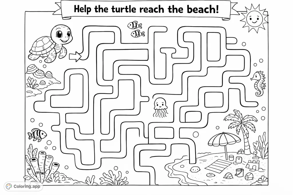 Guide a friendly turtle through an underwater maze to a sunny beach with a palm tree and sandcastle. A fun ocean adventure for all ages!