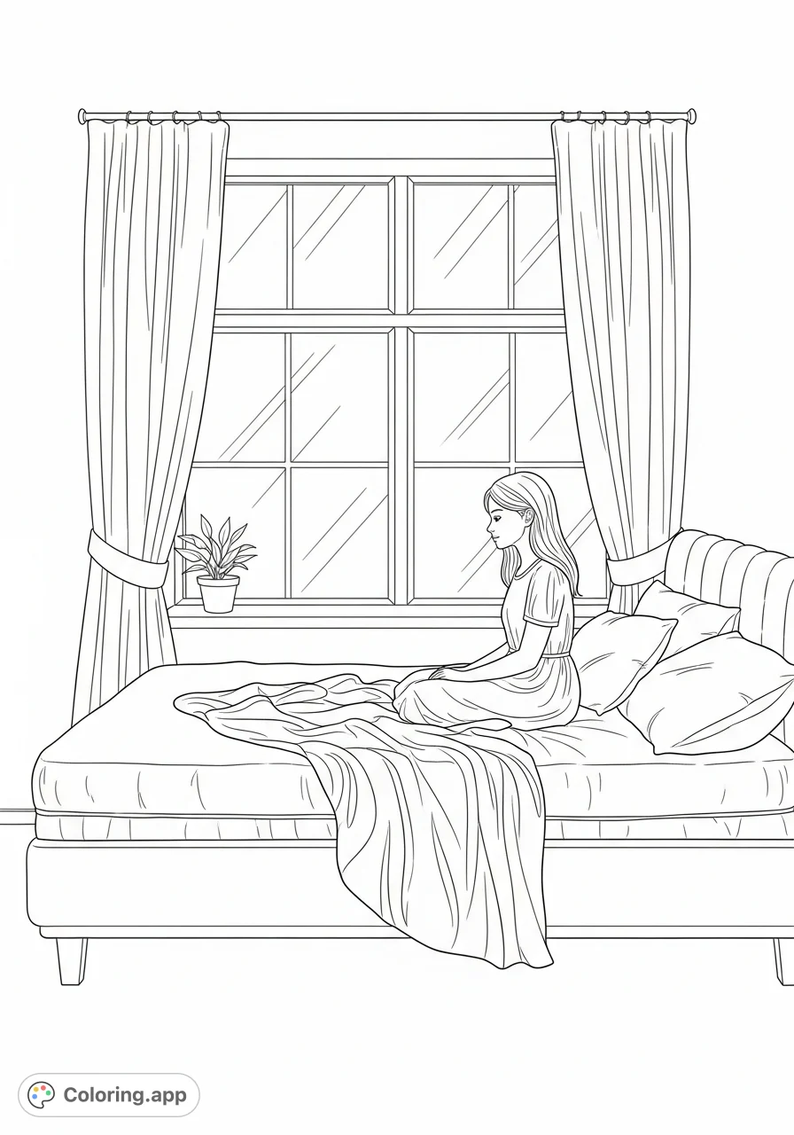 Discover a tranquil scene of a girl sitting peacefully on a cozy bed under a sunlit window. Perfect for quiet reflection and creative coloring.