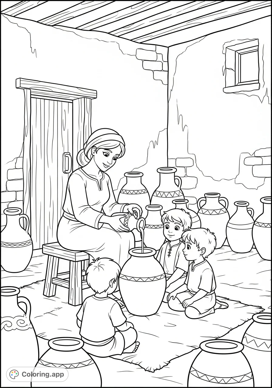 Experience an ancient Israelite home as a mother and her two sons perform a daily task, filling clay jars with oil. A historical and heartwarming scene.