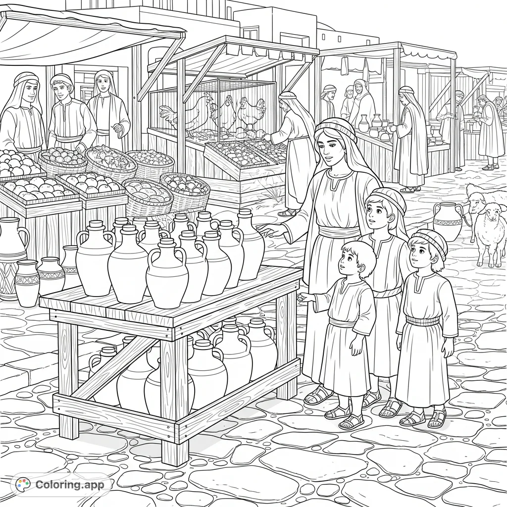 Explore a vibrant 700BC Israel marketplace. A mother and her sons display unique clay oil jars amidst bustling shoppers and stalls overflowing with ancient goods.