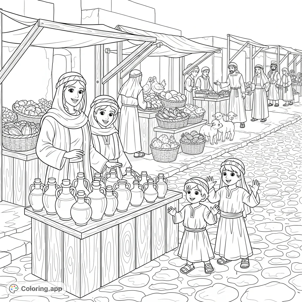 Explore a 700BC Israel marketplace with a joyful family selling oil jars. Discover ancient life, bustling stalls, and rich historical details.
