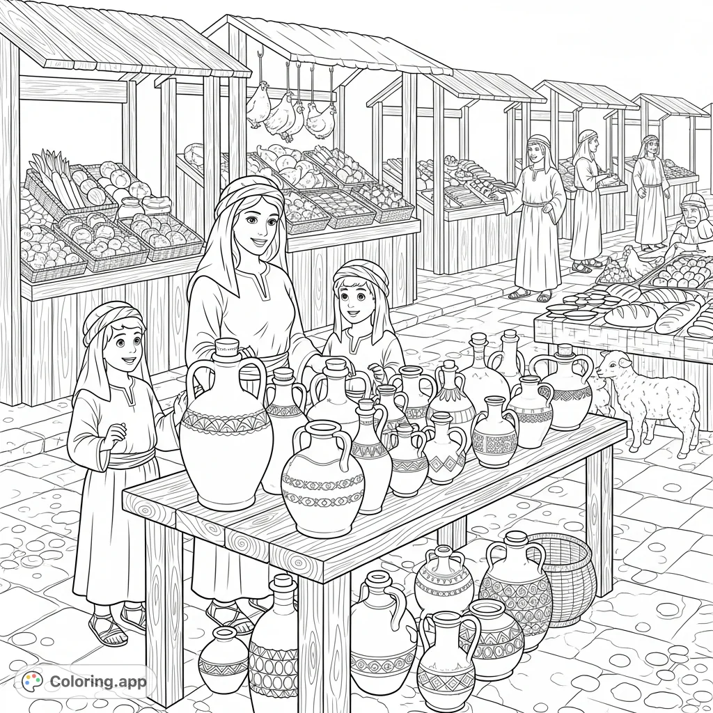 Explore a detailed 700BC Israel marketplace coloring page. A family at an oil stall, surrounded by bustling shoppers and authentic ancient goods.