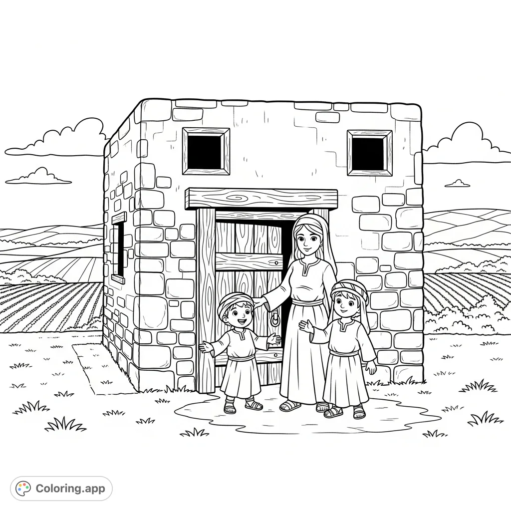 Explore an ancient Israelite home with a mother and her two sons, surrounded by cultivated farmland. A historical scene ready for your colors!