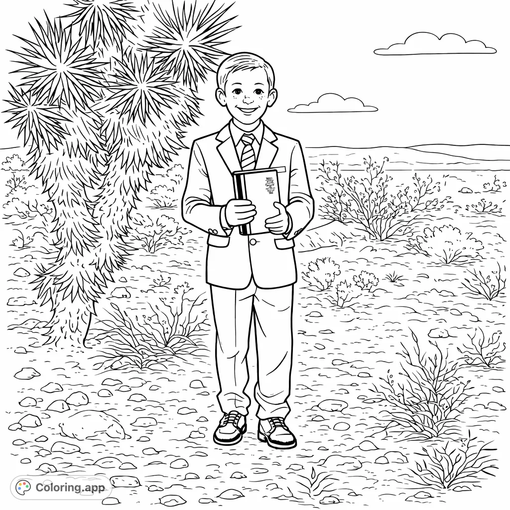 Color a charming scene of a young boy in a suit holding a book amidst a desert landscape with a spiky plant and distant hills.
