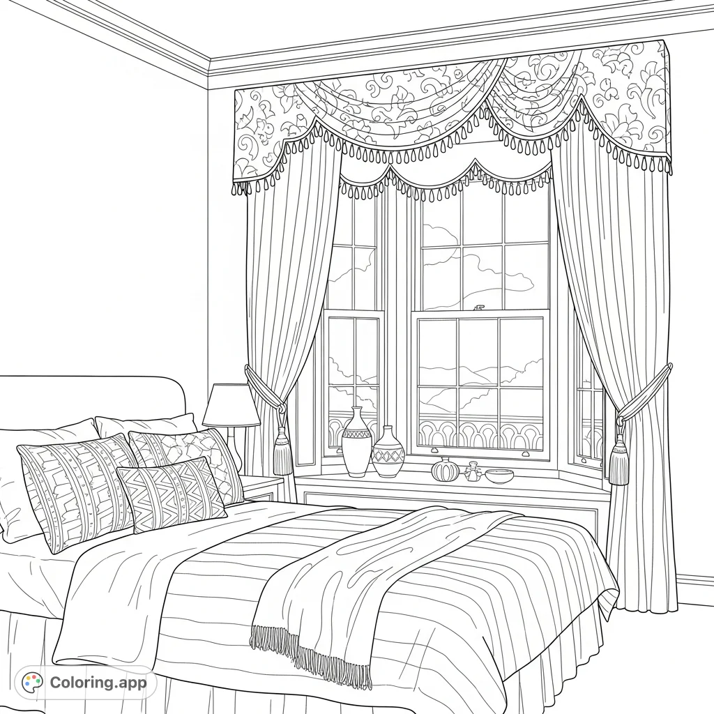 A beautifully decorated bedroom scene featuring a cozy bed with patterned linens and an ornate window with intricate curtains, inviting creative expression.