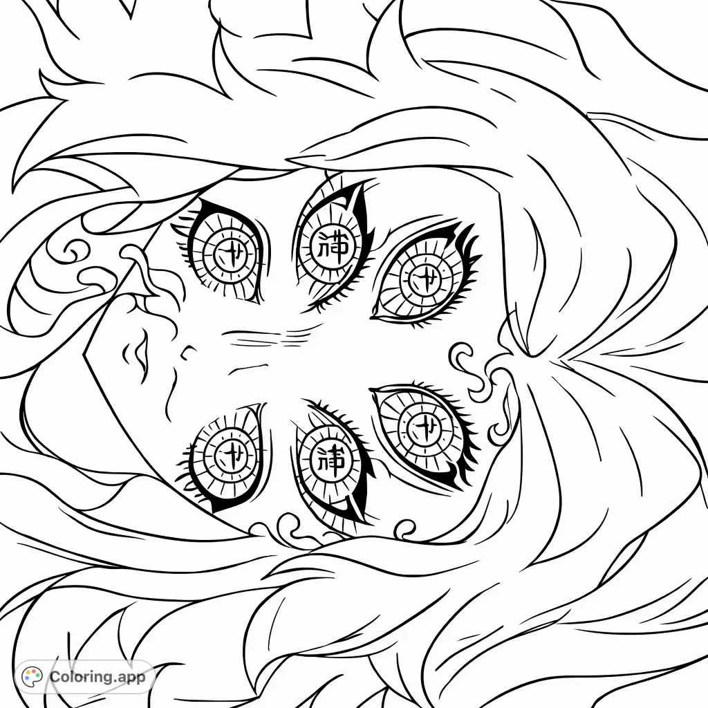 Unleash your creativity on this intricate anime character. Featuring six piercing eyes and dynamic flame-like hair, it's a thrilling challenge for fans.