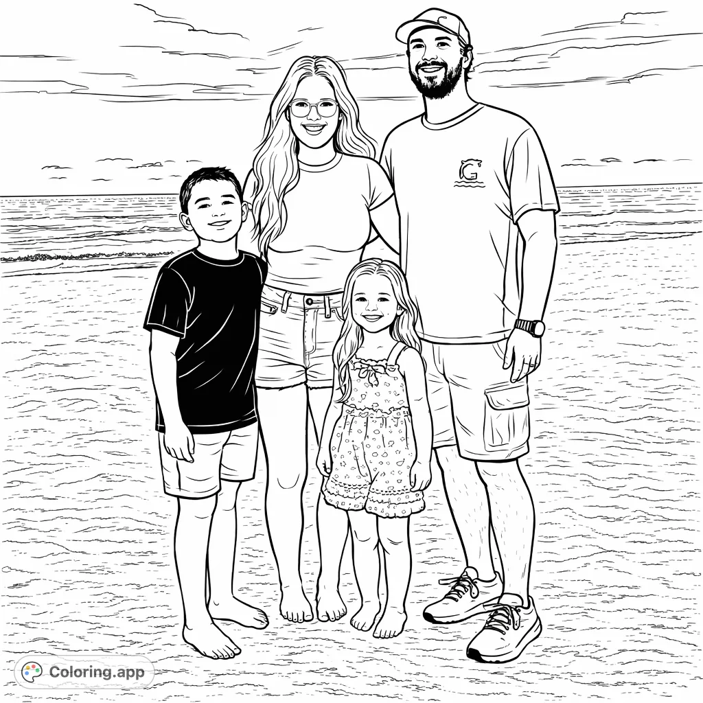 A joyful family of four poses on a sandy beach with the ocean and sky in the background, creating a heartwarming scene perfect for coloring.
