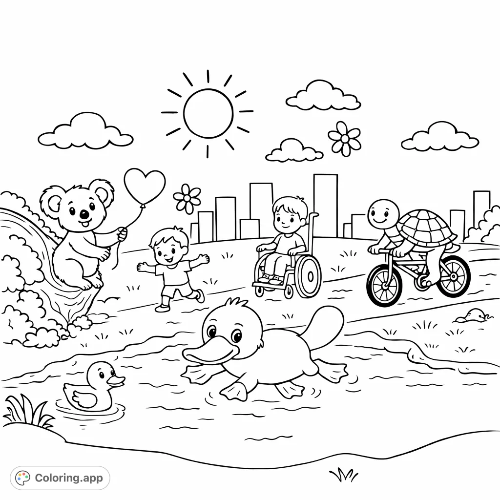 A delightful outdoor scene featuring a koala, kids, ducks, and a bicycling turtle enjoying a sunny day by the water, perfect for all ages.