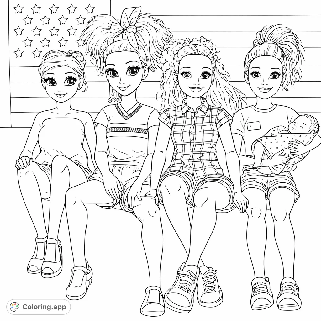 Color a heartwarming scene of four doll friends, one holding a baby, against a background with stars and stripes. Perfect for imaginative play.