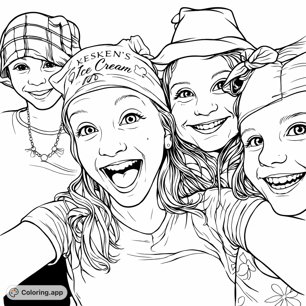 Capture the joyful spirit of four young friends posing closely, wearing fun hats and bandanas, perfect for expressing happiness and connection.