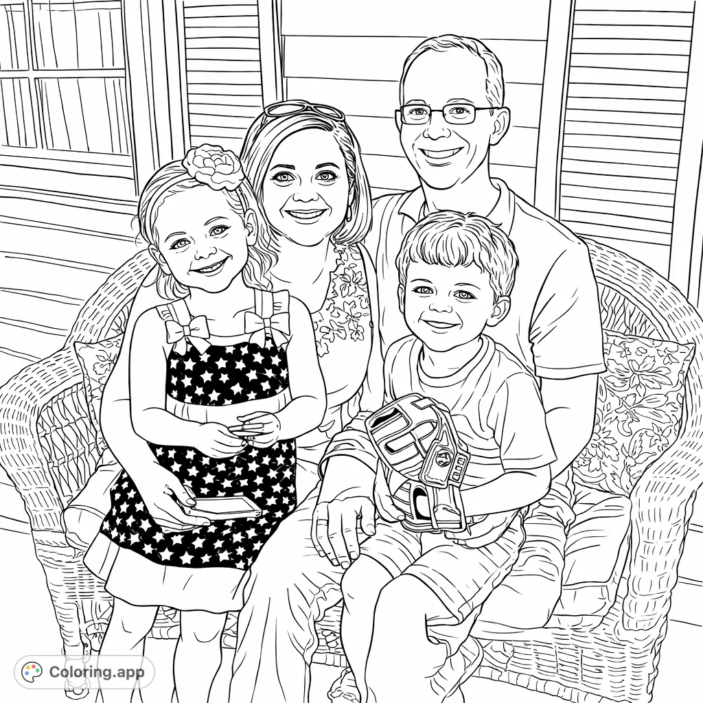 Capture a heartwarming family moment with this detailed coloring page featuring two adults and two children seated on a wicker bench, smiling warmly.