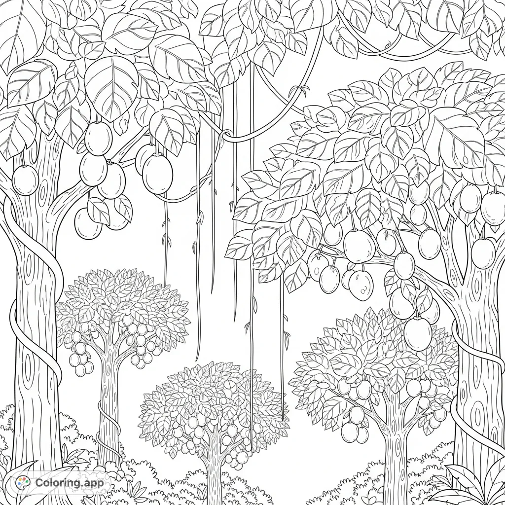 Explore a vibrant jungle with majestic fruit trees, expansive leaves, and winding vines. A captivating nature scene for all ages to color and bring to life.
