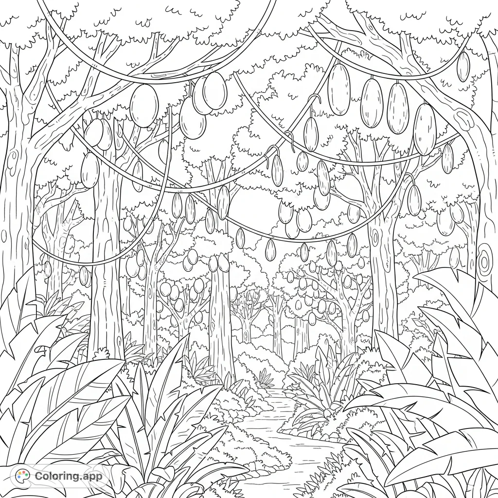 Explore a rich jungle coloring page featuring abundant fruit trees, cascading vines, and intricate foliage. A detailed nature scene for immersive coloring.