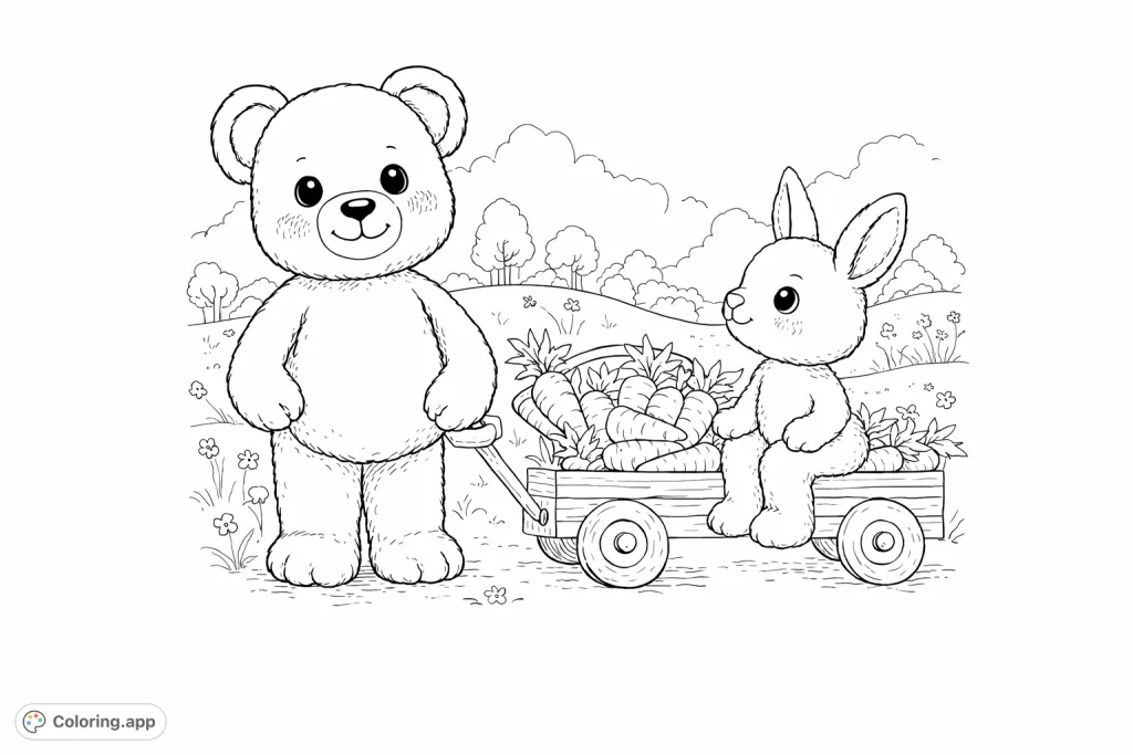A delightful scene featuring a friendly teddy bear pulling a wagon laden with carrots, with a cute bunny riding along. Perfect for a charming coloring adventure.