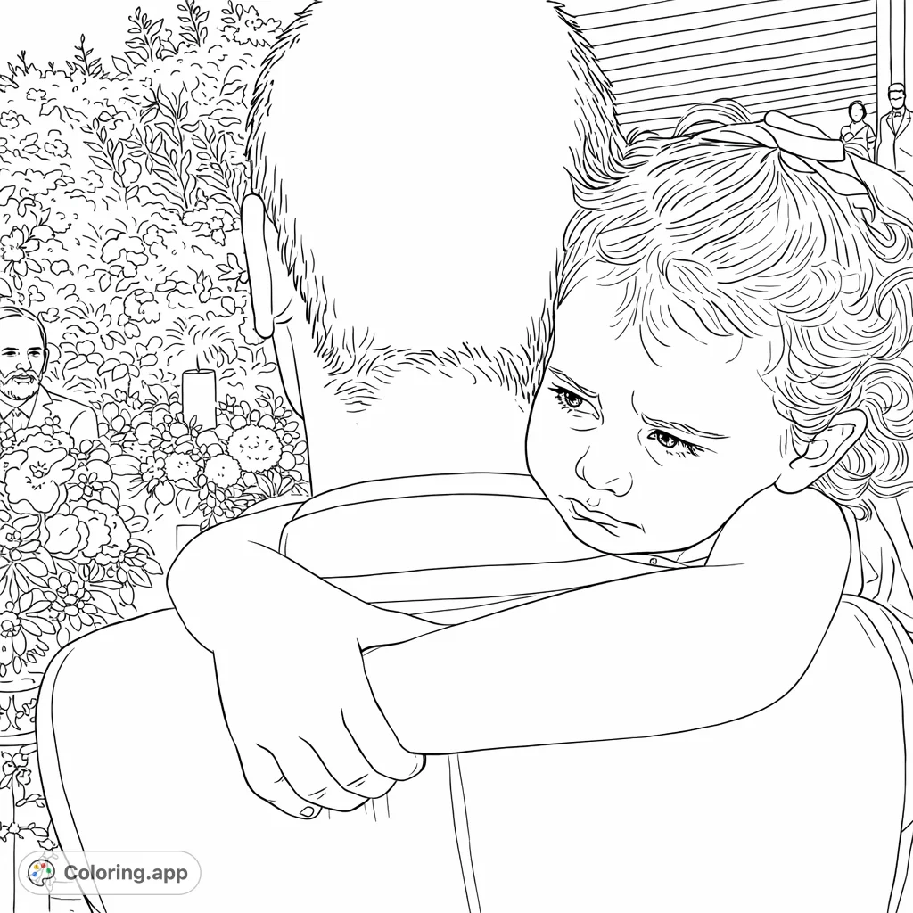 Capture a tender moment: an adult embracing a child with a bow, against a backdrop of florals and foliage. A touching scene for all ages.