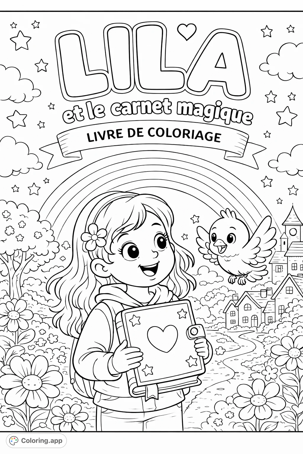 A cheerful girl holds a magical book, accompanied by a flying bird, in a whimsical village scene with a rainbow, flowers, and charming houses.