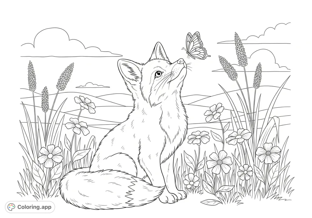 Discover a charming fox cub amidst a field of wild flowers and tall grass, curious about a fluttering butterfly. A delightful, free printable coloring page for all ages.