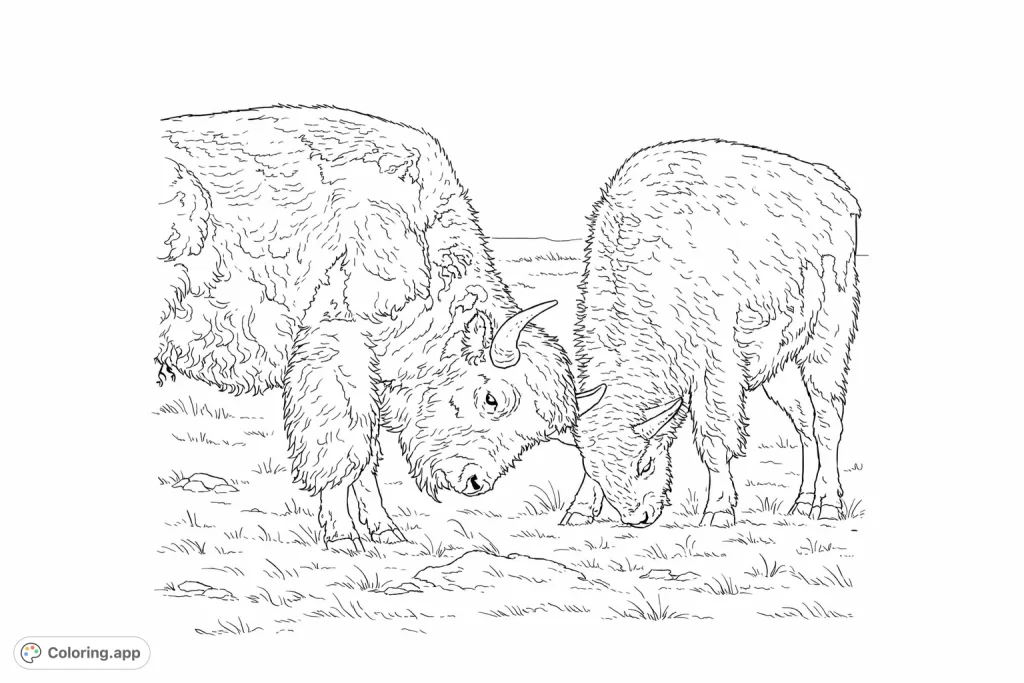 Color a powerful scene of two magnificent bison interacting in a vast plain, showcasing their impressive forms and shaggy textures in this bison coloring page.