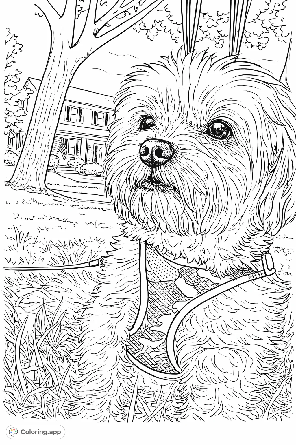 A charming fluffy dog wearing a patterned harness sits in the grass, with a tree and a house in the background. A delightful pet coloring page.